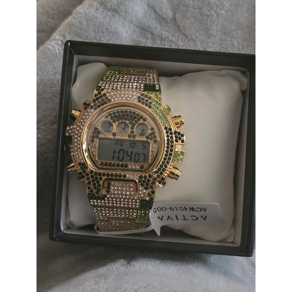 Activa Mens Iced Out Digital Watch Gold Tone Green Camo Rhinestone ACW4019-005
